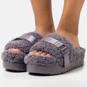UGG Fluffita Gray Purple Fluffy Slide Platform Slipper Sandals Women's Size 10